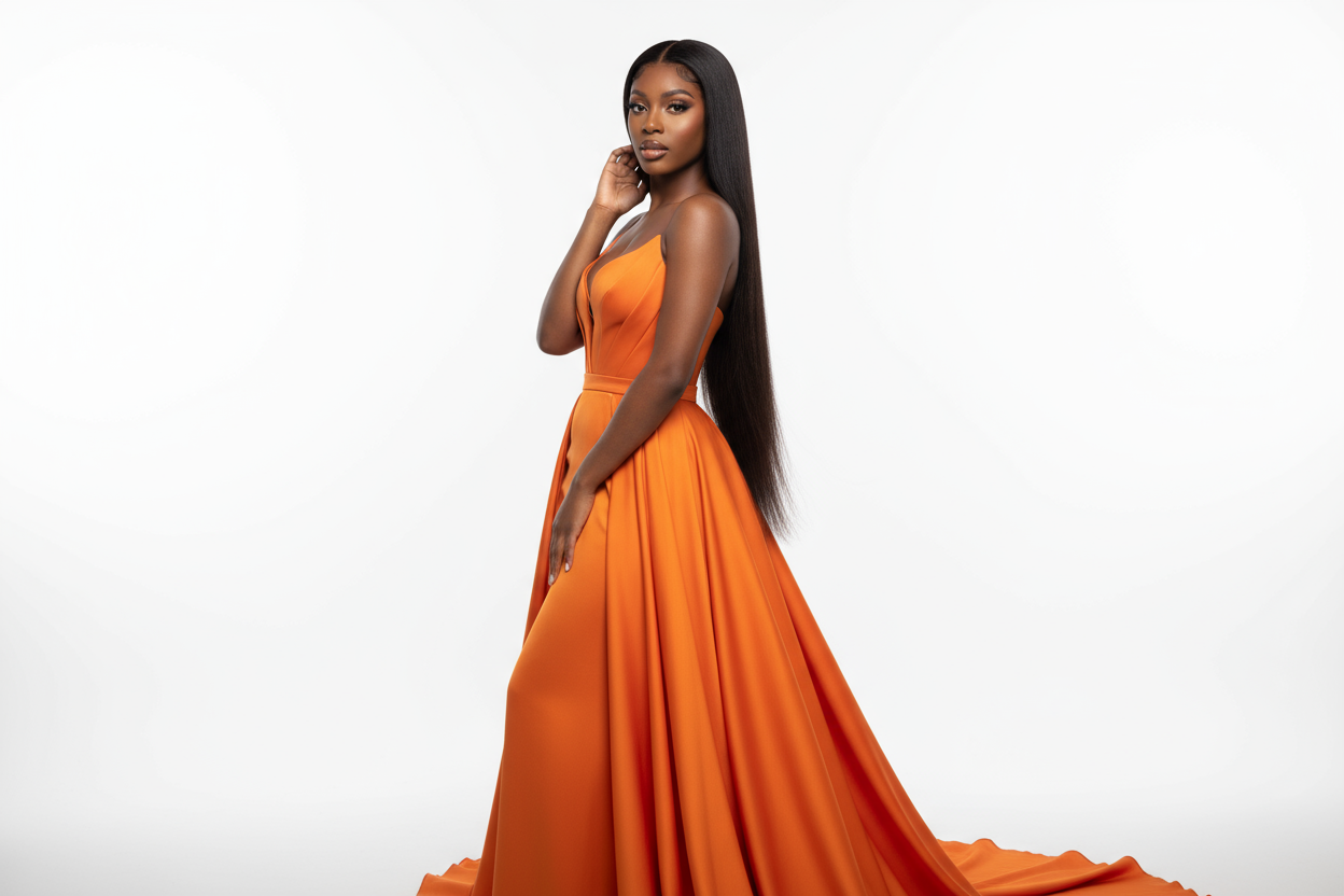 an ultra realistic image of brown skin tone african american model, natural glam makeup, middle part cambodian lace front wig, natural black color, long, straight, wearing bright orange luxury gown, hair brand photoshoot, white studio background