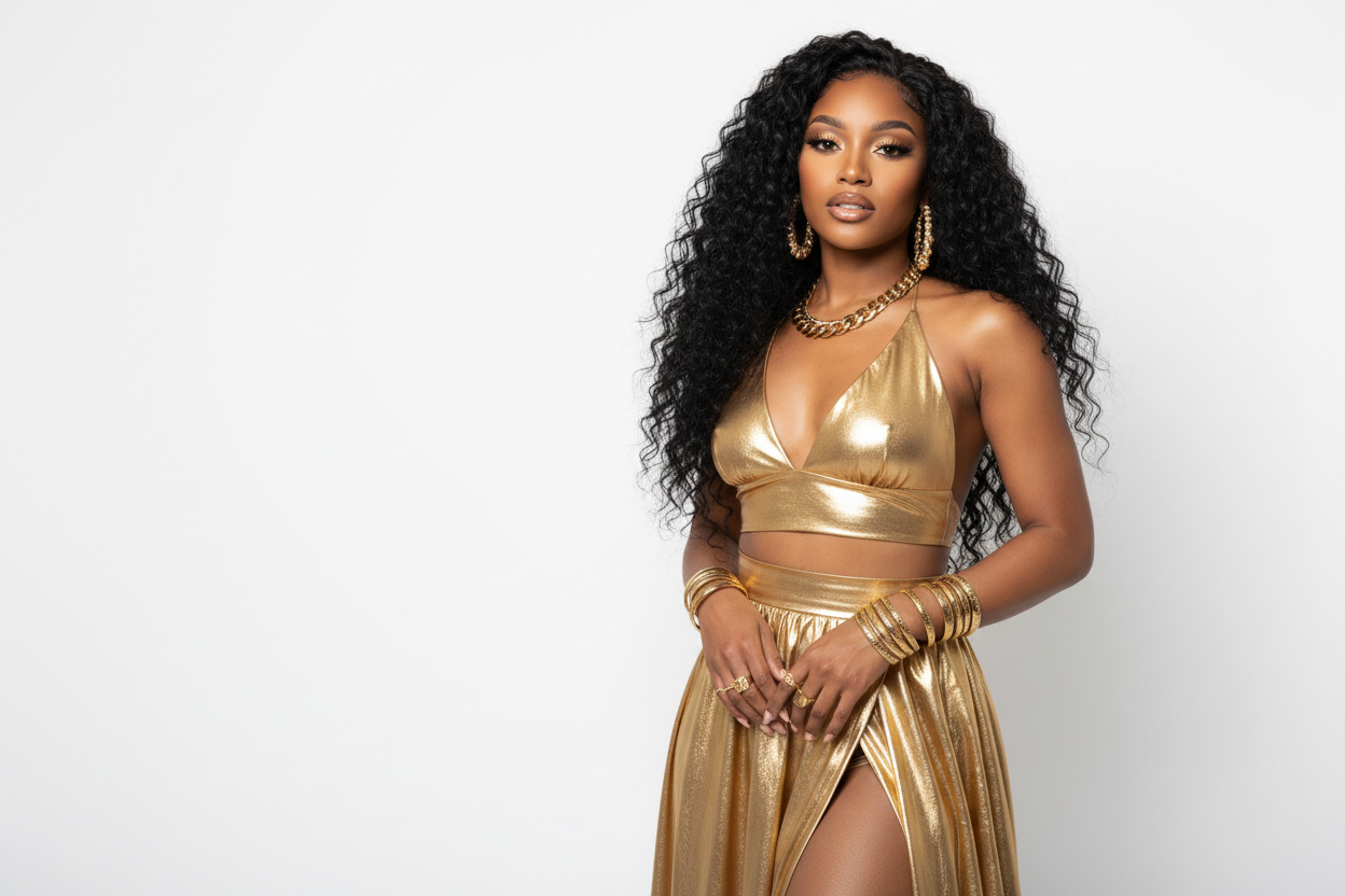 light skin african american woman wearing glmaour gold 2 piece attire, modeling long black burmese curly hair, looking in the direcrion of the camera, head tilted to the side, natural glam makeup, white studio bakcground, gold accessories 